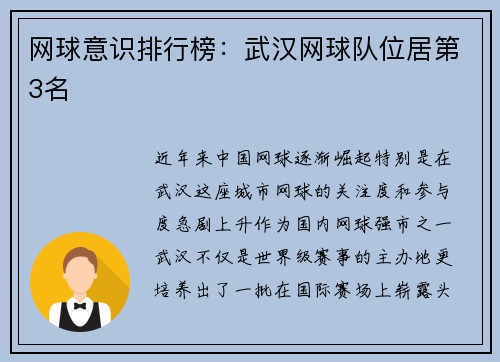 网球意识排行榜：武汉网球队位居第3名