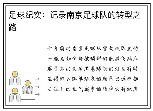 足球纪实：记录南京足球队的转型之路